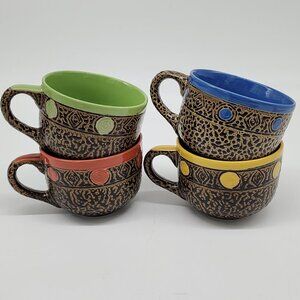 Set Of 4 Always Azul Pottery Mugs With Colorful Interiors Dots